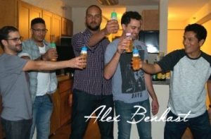 Guys celebrating baby with bottle challenge Alex Benkast